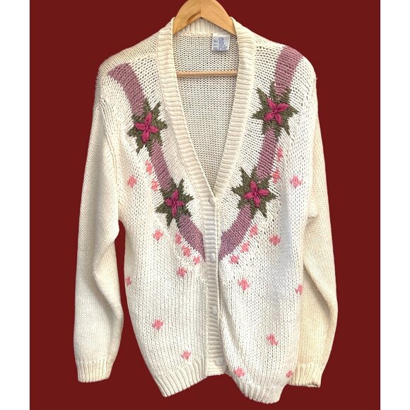Vintage Floral Cottagecore Cardigan Sweater Large Romantic Shabby Chic Prairie - Picture 1 of 5